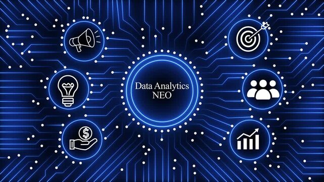 Data analytics neo motion graphics concept showing connected business icons on digital circuit board background.