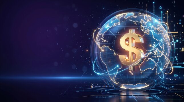 Glass earth globe global market binary code foreign exchange digital map dollar symbol gold dollar global finance virtual money transparent globe server system international trade global economy