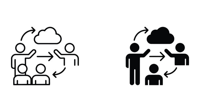 Business team presentation and knowledge sharing icon set showing people interacting with cloud storage and directional arrows for collaborative learning and information exchange in corporate settings