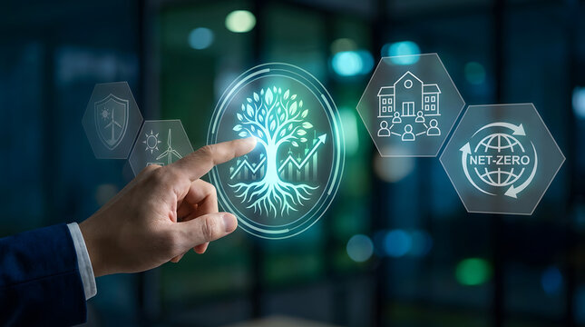 Business professional analyzing sustainable growth and green energy initiatives through a digital interface, featuring renewable power sources, smart city, global environmental strategy