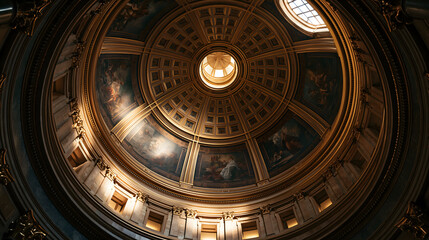 Obraz premium Grand Dome Interior: An ornate interior view of a grand dome, featuring intricate frescoes and architectural details bathed in soft, natural light from an overhead oculus.