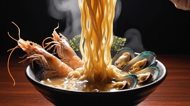 Close up noodle pull with shrimp and mussels