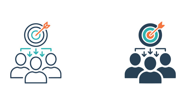 Target achievement and business goal alignment icon set featuring teams and dartboard with arrows in linear and flat solid colors for corporate strategy and performance management concepts