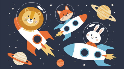 Cute space animals on rocket vector set featuring rabbit lion and fox in astronaut costumes © Animesh