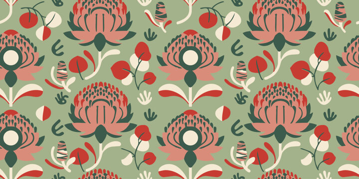 Retro floral seamless pattern featuring stylized Australian waratah flowers and botanical elements on sage green background. Ideal for textile.