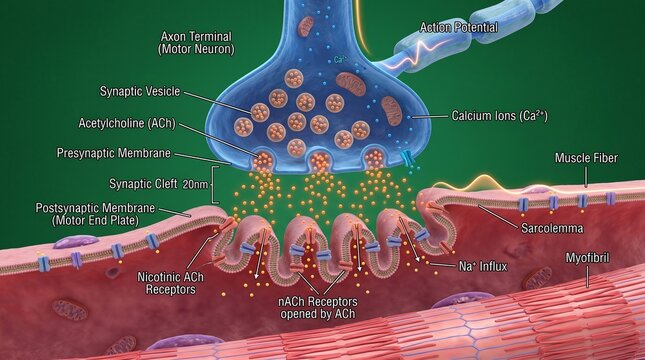 Detailed illustration of neuromuscular junction with synaptic transmission on cellular level