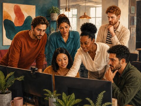 The team works on the project and discusses it in the office