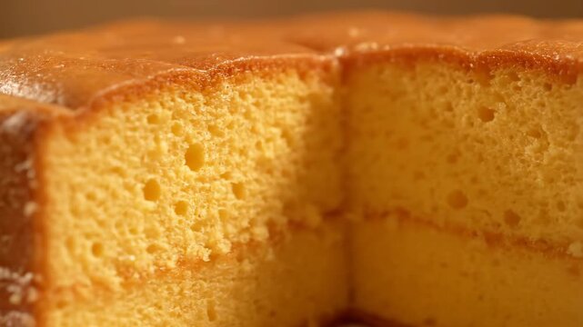 Macro Shot of Golden Brown Sponge Cake Revealing Texture of Cut Slice and Moist Interior, Delicious Baked Dessert Background