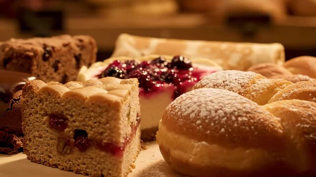 Close-up of Delicious Assortment of Fresh Baked Goods and Desserts Featuring Berry Tart, Fruitcake Slice, and Sweet Buns Dusted with Powdered Sugar in a Warm Bakery Display.