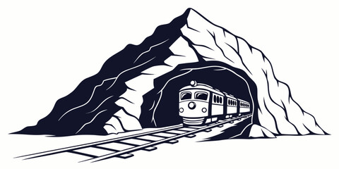 Stylized drawing of a passenger train entering a mountain tunnel with mountain railroad transportation locomotive illustration commuter terminal © Mamun