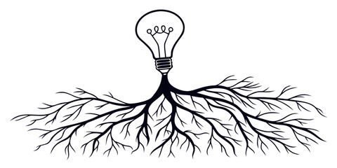 Lightbulb growing from underground roots symbol of creative thinking and innovation line art vector illustration lightbulb innovation creativity © Mamun