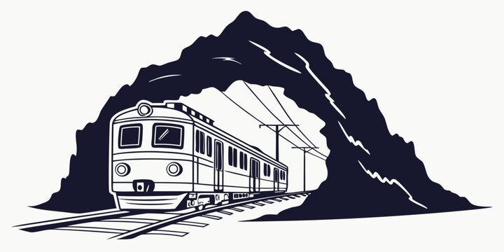 Graphic illustration of an electric passenger train emerging from a mountain tunnel on railway tracks with mountain railroad transportation