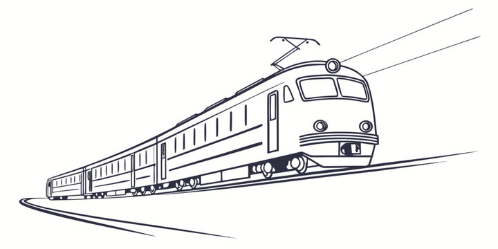 Minimalist outline illustration of a modern passenger train moving on tracks with locomotive transportation railroad commuter illustration