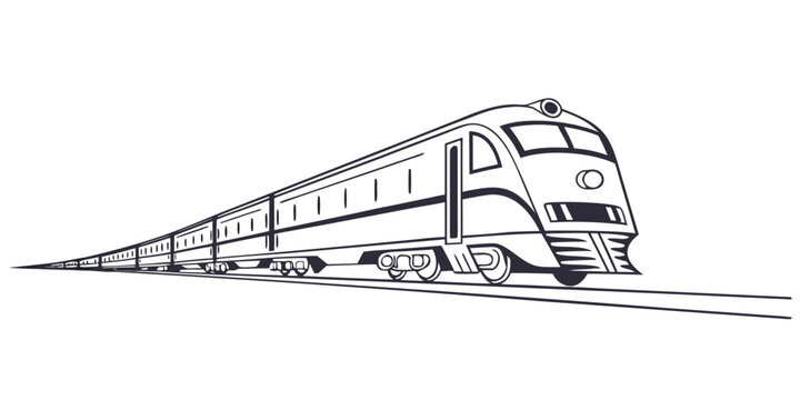 Linear graphic design of a streamlined passenger train traveling on railway tracks with locomotive transportation railroad commuter illustration