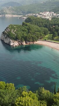 Tranquil aerial view of Milocer Beach near Sveti Stefan, Montenegro
