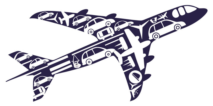Airplane silhouette filled with various car and plane icons travel agency airplane silhouette aviation aircraft transportation automotive