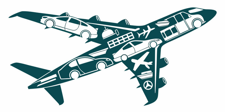 Airplane silhouette filled with various transportation icons travel agency airplane silhouette transportation aircraft aviation vehicles