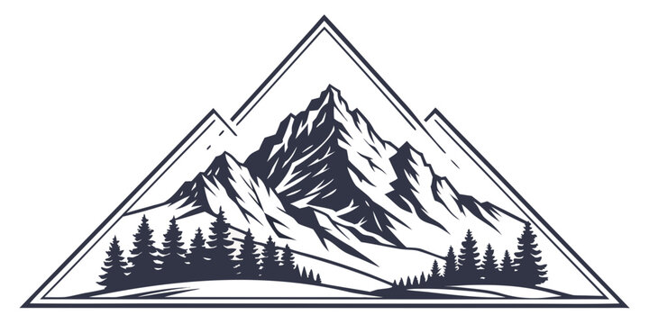 Mountain landscape silhouette with pine forest inside a triangular emblem frame mountain silhouette triangle landscape outdoors adventure