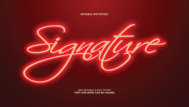Signature editable text effect vector, glowing red neon cursive script font style on red background