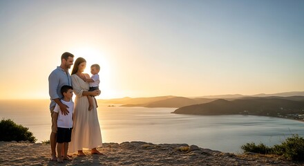Fototapeta premium Happy young family of four standing on a cliff at sunset overlooking the ocean.