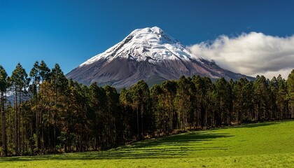 Fototapeta premium Calbuco Volcano Peak Rising Over Green Field And Forest