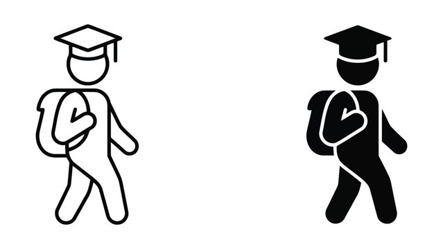 Graduating student icon set with backpack and mortarboard hat in outline and solid styles for education and academic achievement concepts isolated on white background for school and university design
