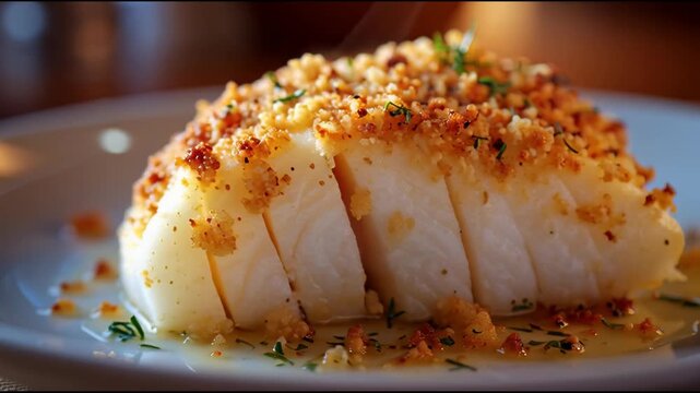 Cinematic macro shot of gourmet baked white fish fillet with crispy golden breadcrumb crust and rising steam
