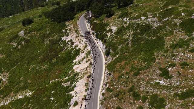 Aerial view of a large group of cyclists riding along a winding mountain road through the rocky green slopes of the Llogara Pass, Llogara, Vlore County, Albania.