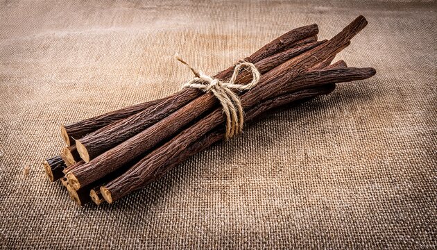 Bundle Of Dried Licorice Roots On Burlap Fabric Textural Detail