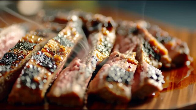 Cinematic macro of grilled beef steak slices with steaming hot meat and glaze