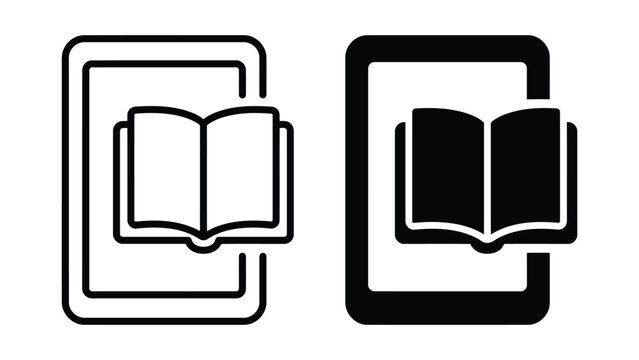 Digital ebook reader device icon set featuring outline and solid styles for mobile application interface design and e-learning platform development