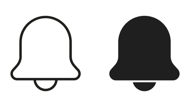Notification bell icon set for alerts and reminders in both outline and solid black silhouette styles for user interface design mobile application notifications and system alert messaging systems