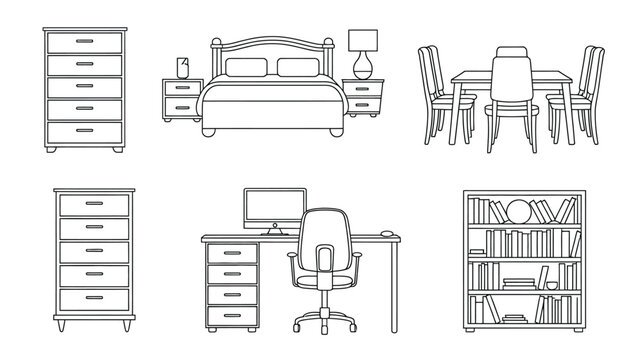 Home furniture line icons set featuring double bed dining table chairs office computer desk bookcase and dresser cabinets vector