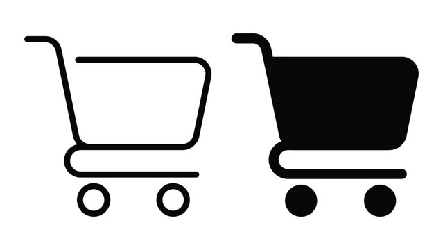 Shopping cart icon set for e-commerce and retail design featuring outline and solid styles for web shop checkout buttons and store interfaces isolated on white background for business applications