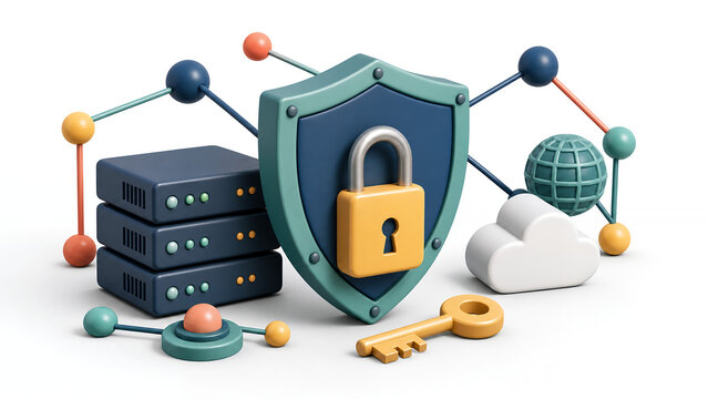 3D Cybersecurity Shield Lock and Server Protection