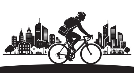 Naklejka premium Minimalist silhouette vector illustration of a cyclist riding through urban city lifestyle, white background