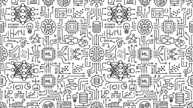 AI and machine learning seamless pattern with circuit lines