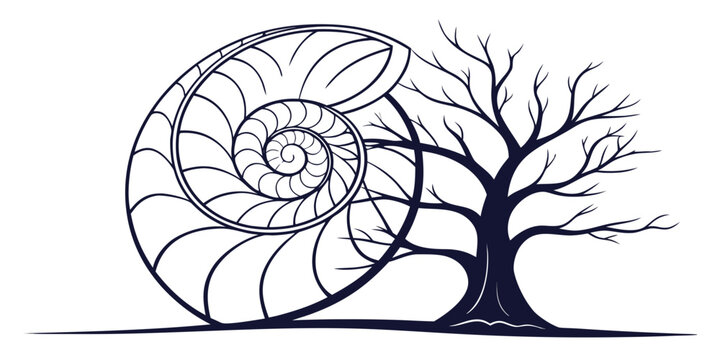 Abstract tree merged with spiral shell nautilus concept illustration golden ratio sea life nautilus abstract illustration geometry evolution