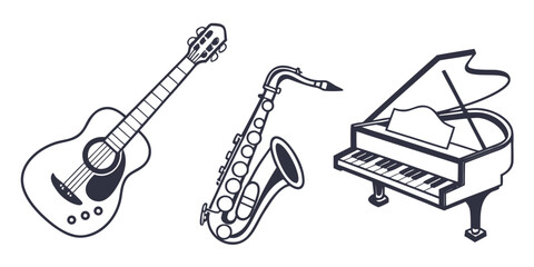 Musical instrument collection featuring a detailed acoustic guitar saxophone grand piano isolated on white background instrument saxophone © Mamun