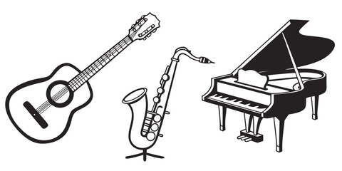 Line art musical instrument set consisting of an acoustic guitar a saxophone on a stand a grand piano instrument saxophone acoustic stylized © Mamun