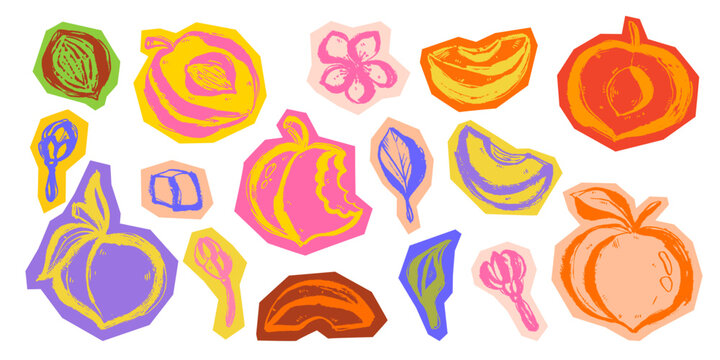 Grunge Colorful Peach Fruit Stickers in Hand Drawn Style. Doodle apricot icon vector illustration with rough texture. Fresh summer food clipart with bulky brush lines perfect for cards, print, banner