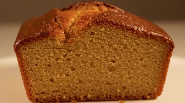 Golden Brown Freshly Baked Loaf Cake Close-up. Warm and Moist Delicious Pound Cake or Sponge Bread on a White Surface, Highlighting Texture and Glaze for Dessert or Baking Concepts.