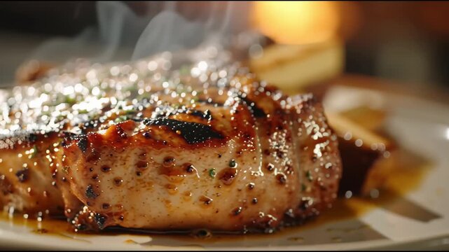 Cinematic macro shot of juicy grilled pork chop with rising steam in dramatic restaurant lighting