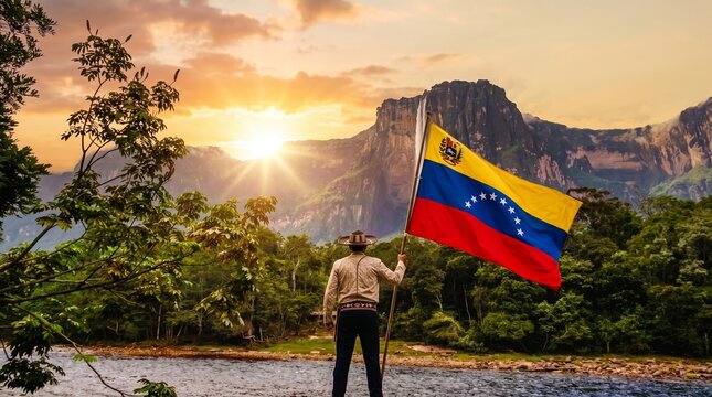 Hombre con bandera de Colombia en el Valle de Cocora con palmas de cera
