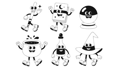 Fototapeta premium Very beautiful black-and-white cartoon character set featuring a magic wand, spell book, crystal ball, cauldron, potion bottle, and wizard hat with charming smiles, detailed linework, mystical express