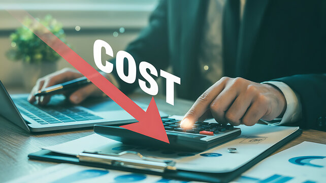 Businessman's hands on calculator and laptop with red arrow labeled COST descending indicating financial cost