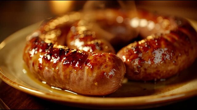 Cinematic macro of grilled gourmet sausages with rising steam on a rustic plate in warm light