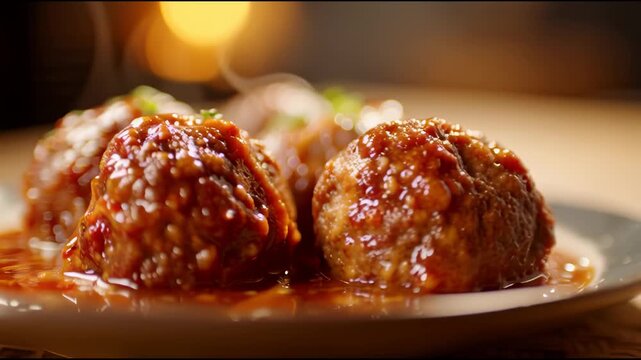Cinematic macro of gourmet steaming meatballs in rich tomato glaze for fine dining