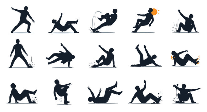 Silhouettes of various figures falling down, slipping on wet surfaces, or losing balance in different poses against a plain background.