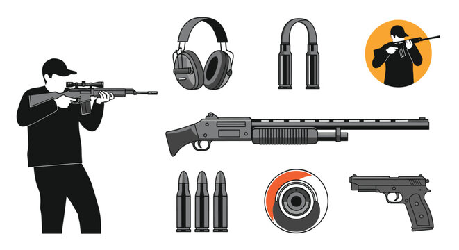 Graphic set of shooting related items including a rifle, shotgun, pistol, ammunition, hearing protection, and a target silhouette.